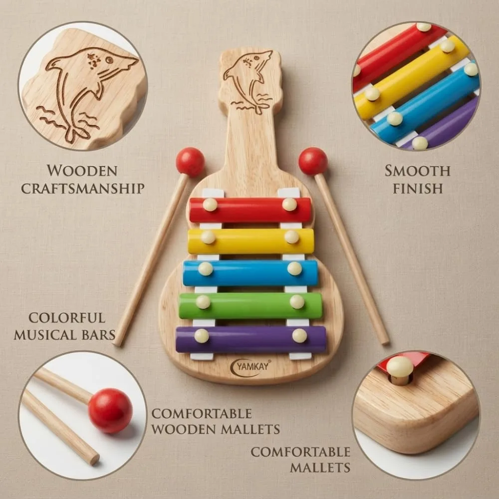 Wooden Xylophone Guitar Toy for Kids, 5 Notes Musical Instrument with Colorful Keys and Guitar Design, Educational Learning Toy for Boys and Girls, Creative Music & Rhythm Play Gift