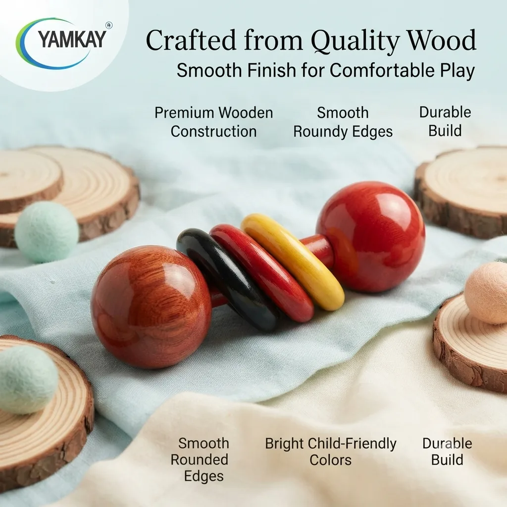 Wooden Dumbbells Rattle Toy for Newborn Babies | Pack of 2 Multicolor Sound-Making Rattle | Organic Traditional Baby Toy for Infants | Safe, Non-Toxic, Fun Discover Sounds Game | Made in India Pack of 1