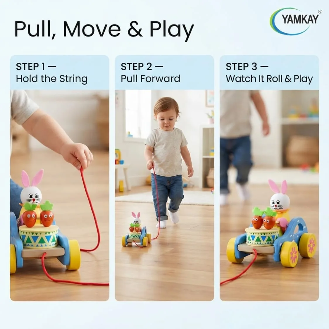 Wooden Rabbit Pull-Along Toy, Bunny Drumming Car, Funny Musical Toy for Toddlers & Kids, Early Walking Vehicle with Attached String, Multi-Color, Cute Wooden Baby Toy for Learning & Play