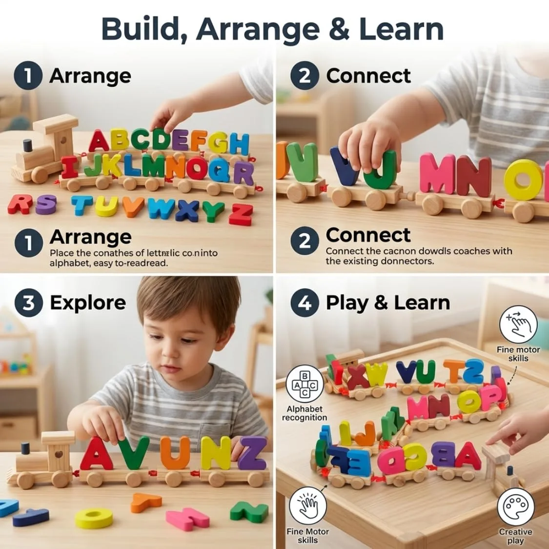Wooden Alphabet Letters Train A-Z English Vocabulary Building Train Set Early Educational Toys Kids 2+ Years for Boys & Girls AZPack of Multi Color