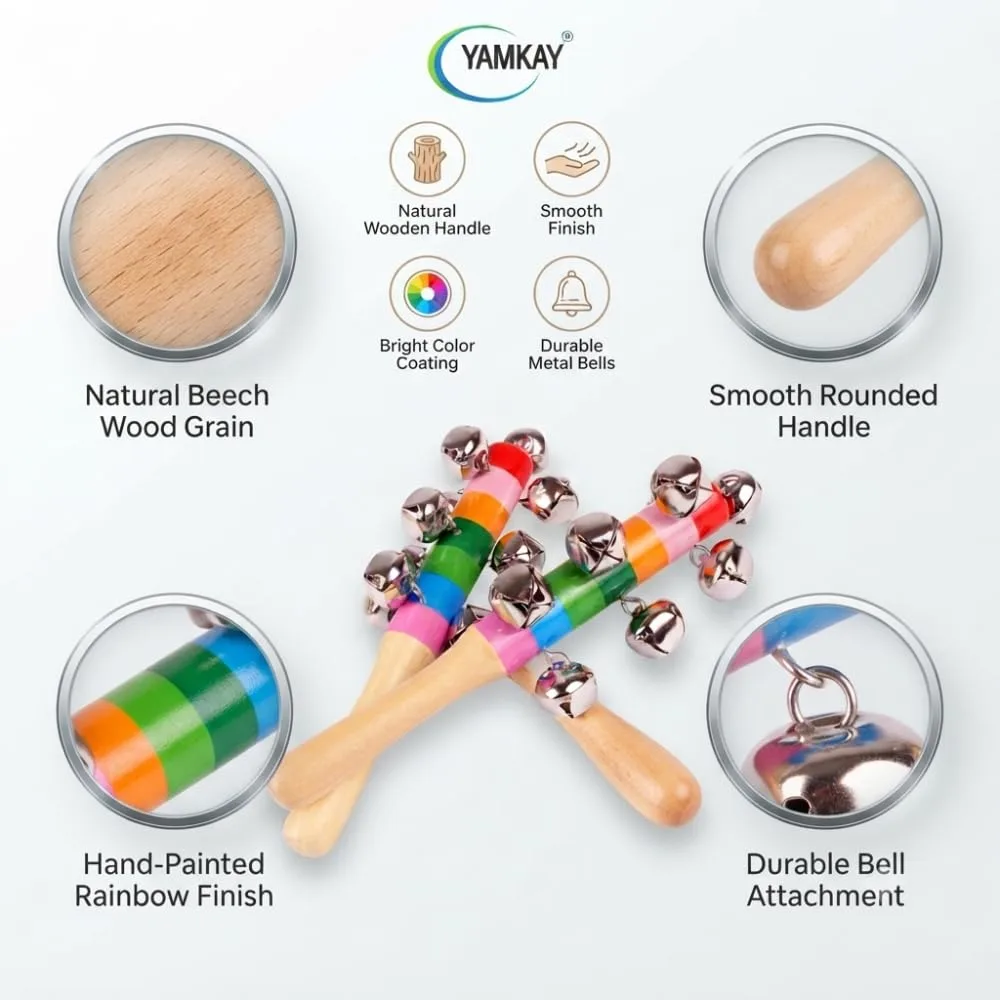 Wooden Rainbow Handle Jingle Bell Rattle Toy for Babies and Toddlers, Colorful Wooden Musical Rattle with Easy-Grip Handle, Gentle Jingle Sound, Handcrafted Sensory Activity Toy for Kids