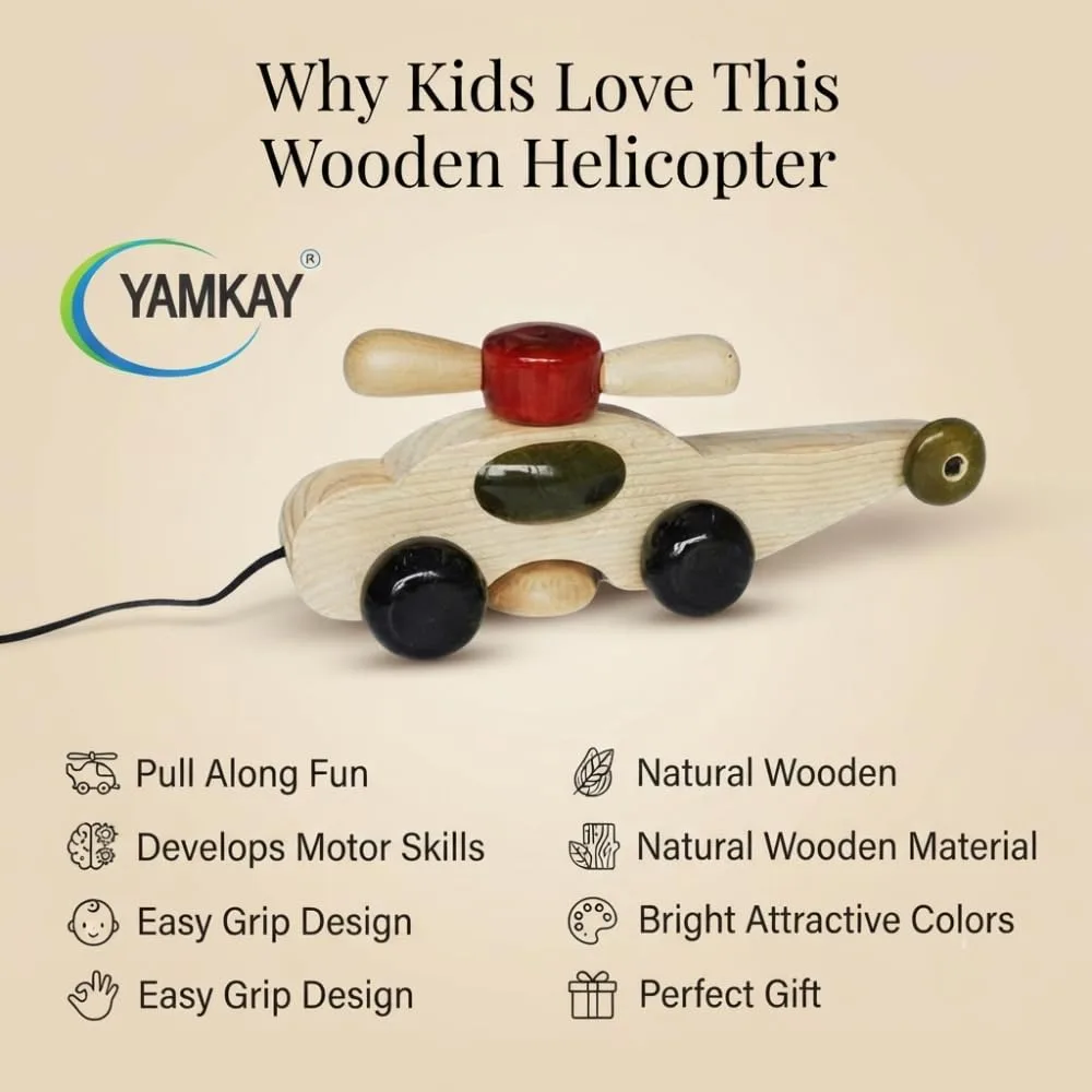 Wooden Beautiful Pull Along Helicopter Toy for Baby Boy & Girl Toddlers Child Safe Toy Pack Of 1 | 12 Months & Above Kids, Toddlers, Infant & Preschool Toys | Develop Fine Motor Skills For Kids