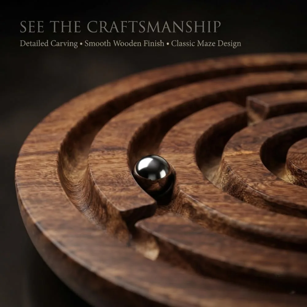 Handmade Round Labyrinth Maze Wooden Skill Toy for Kids, Classic Balance and Coordination Puzzle Game, Screen-Free Activity Toy for Children, Brain Teaser Maze Game for Home, Travel & Family Fun