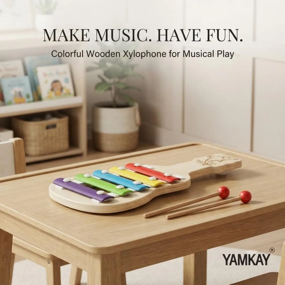 Wooden Xylophone Guitar Toy for Kids, 5 Notes Musical Instrument with Colorful Keys and Guitar Design, Educational Learning Toy for Boys and Girls, Creative Music & Rhythm Play Gift