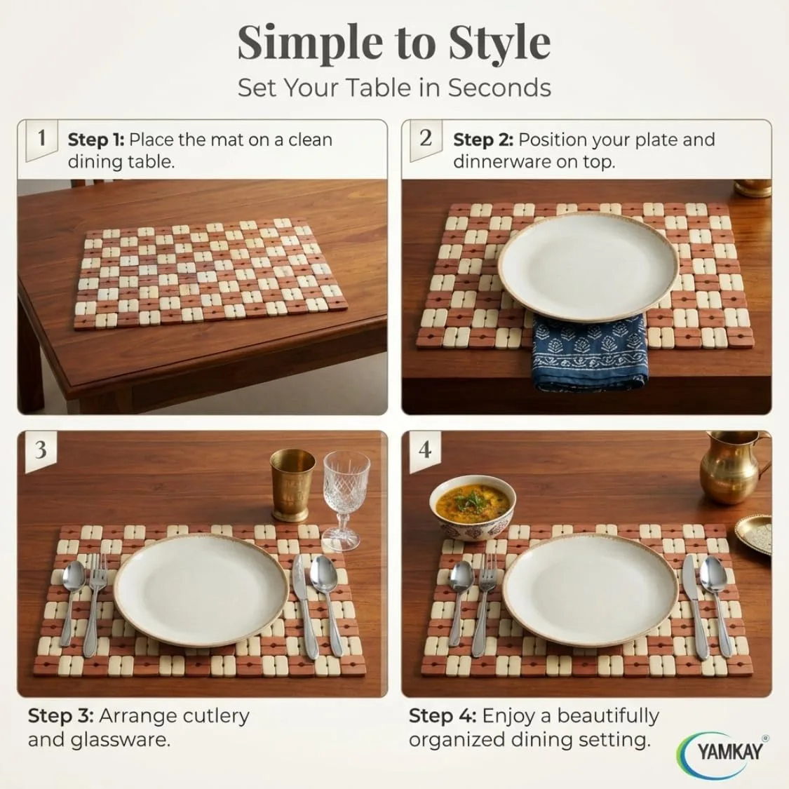 Bamboo Rectangular Dining Table Placemat | Heat Insulation Table Pad | Stylish and Functional for Dining, Kitchen, Outdoor | Non-Slip | Protects Tables from Heat, Spills & Stains Pack of 1