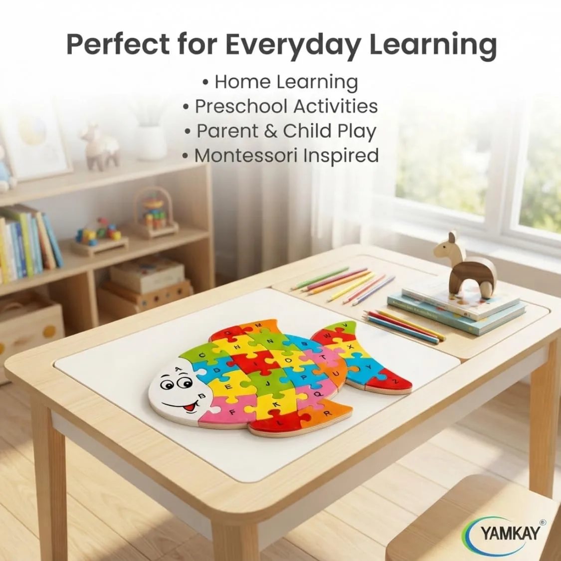 Wooden Shaped Colored Fish Puzzle for Kids to Learn Letters and Numbers Brain Games for Children with Easy Learning Numbers, Early Educational Learning