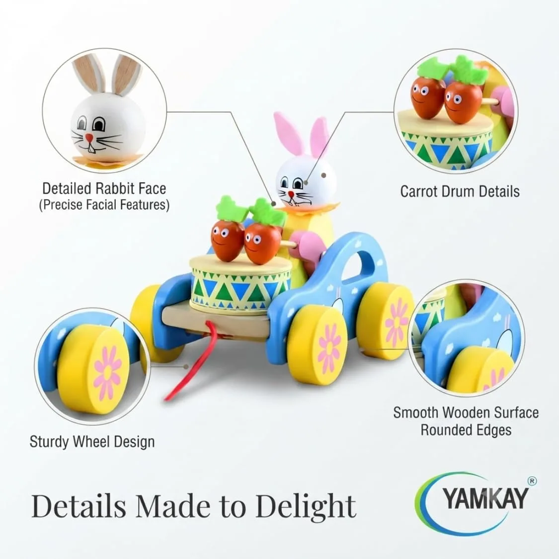 Wooden Rabbit Pull-Along Toy, Bunny Drumming Car, Funny Musical Toy for Toddlers & Kids, Early Walking Vehicle with Attached String, Multi-Color, Cute Wooden Baby Toy for Learning & Play
