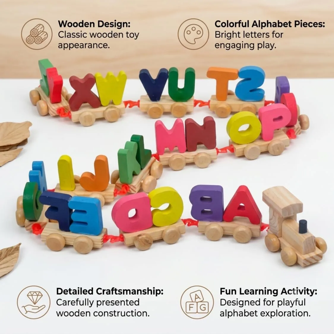 Wooden Alphabet Letters Train A-Z English Vocabulary Building Train Set Early Educational Toys Kids 2+ Years for Boys & Girls AZPack of Multi Color