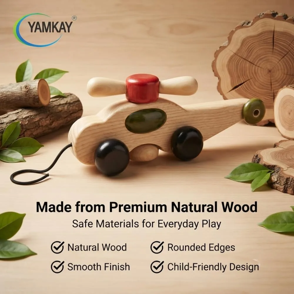 Wooden Beautiful Pull Along Helicopter Toy for Baby Boy & Girl Toddlers Child Safe Toy Pack Of 1 | 12 Months & Above Kids, Toddlers, Infant & Preschool Toys | Develop Fine Motor Skills For Kids