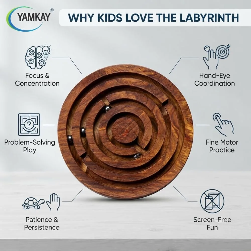 Handmade Round Labyrinth Maze Wooden Skill Toy for Kids, Classic Balance and Coordination Puzzle Game, Screen-Free Activity Toy for Children, Brain Teaser Maze Game for Home, Travel & Family Fun