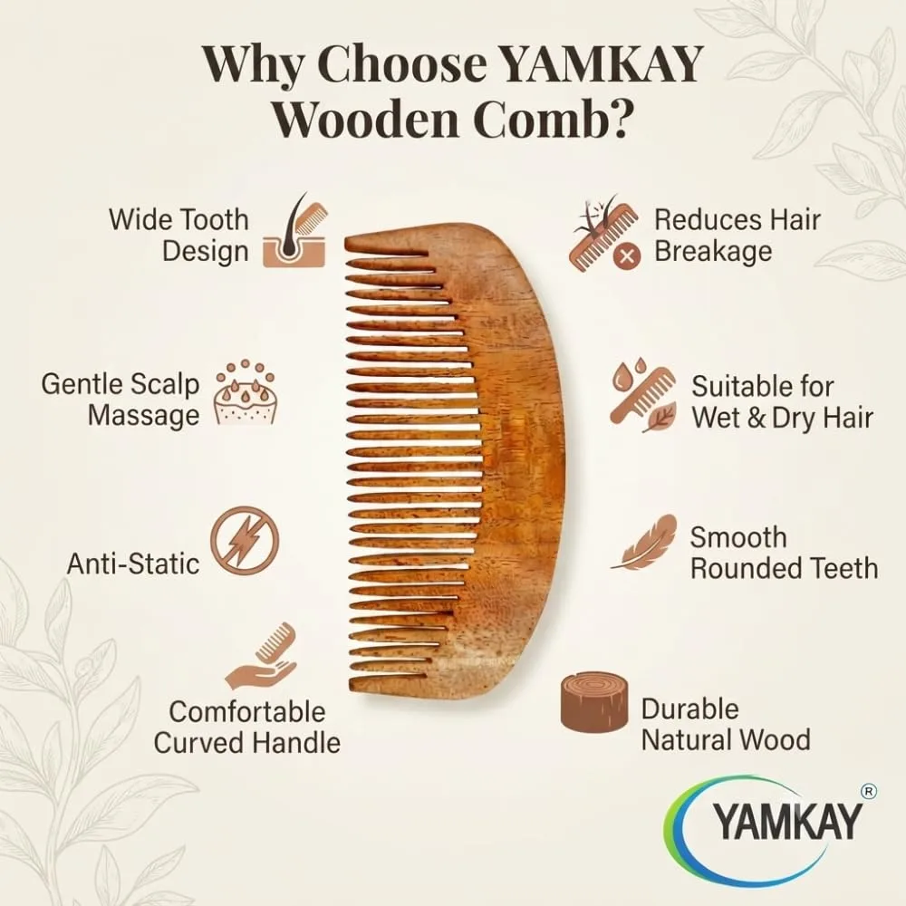 Neem Wood Comb for Men & Women | Handmade Natural Wooden Hair Comb with Smooth Wide Teeth, Lightweight Hair Care Comb for Daily Grooming, Scalp Massage & Detangling | Eco-Friendly Comb