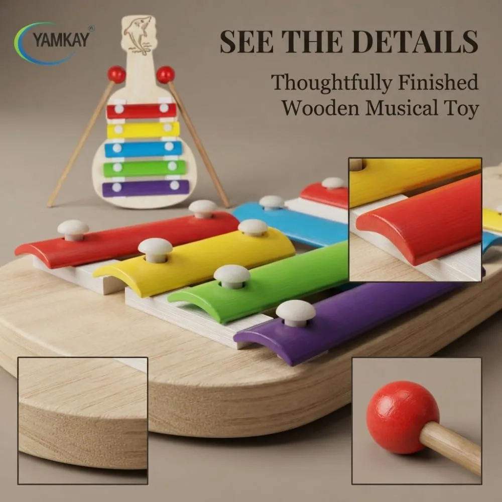 Wooden Xylophone Guitar Toy for Kids, 5 Notes Musical Instrument with Colorful Keys and Guitar Design, Educational Learning Toy for Boys and Girls, Creative Music & Rhythm Play Gift