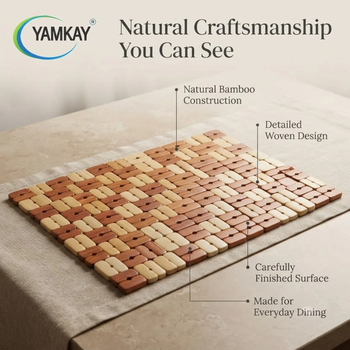 Bamboo Rectangular Dining Table Placemat | Heat Insulation Table Pad | Stylish and Functional for Dining, Kitchen, Outdoor | Non-Slip | Protects Tables from Heat, Spills & Stains Pack of 1