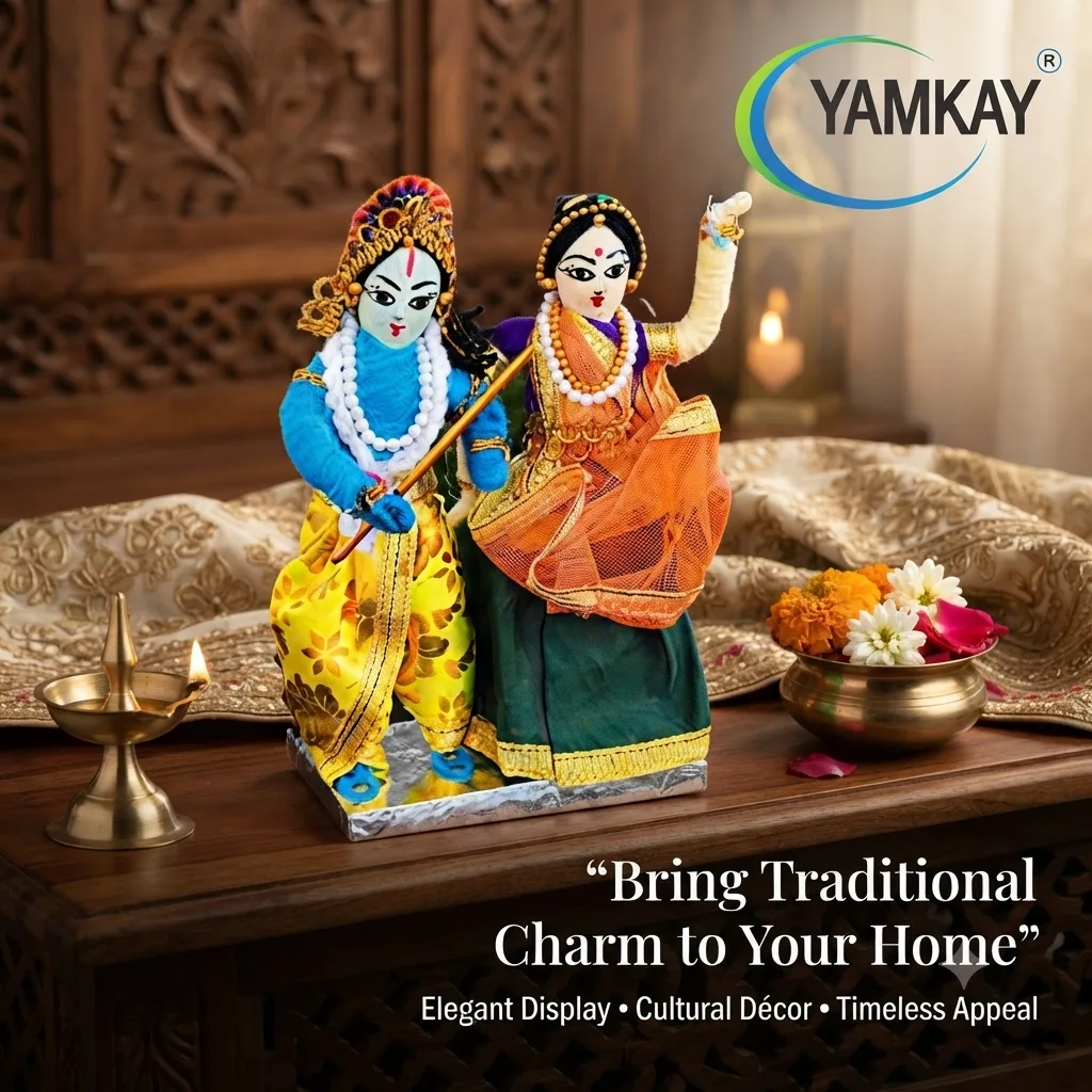 Handmade Radha Krishna Doll | Traditional Indian Divine Couple Figurine | Handcrafted Decorative Idol for Home, Pooja Room, Living Room, Office & Festive Decor | Ethnic Gift