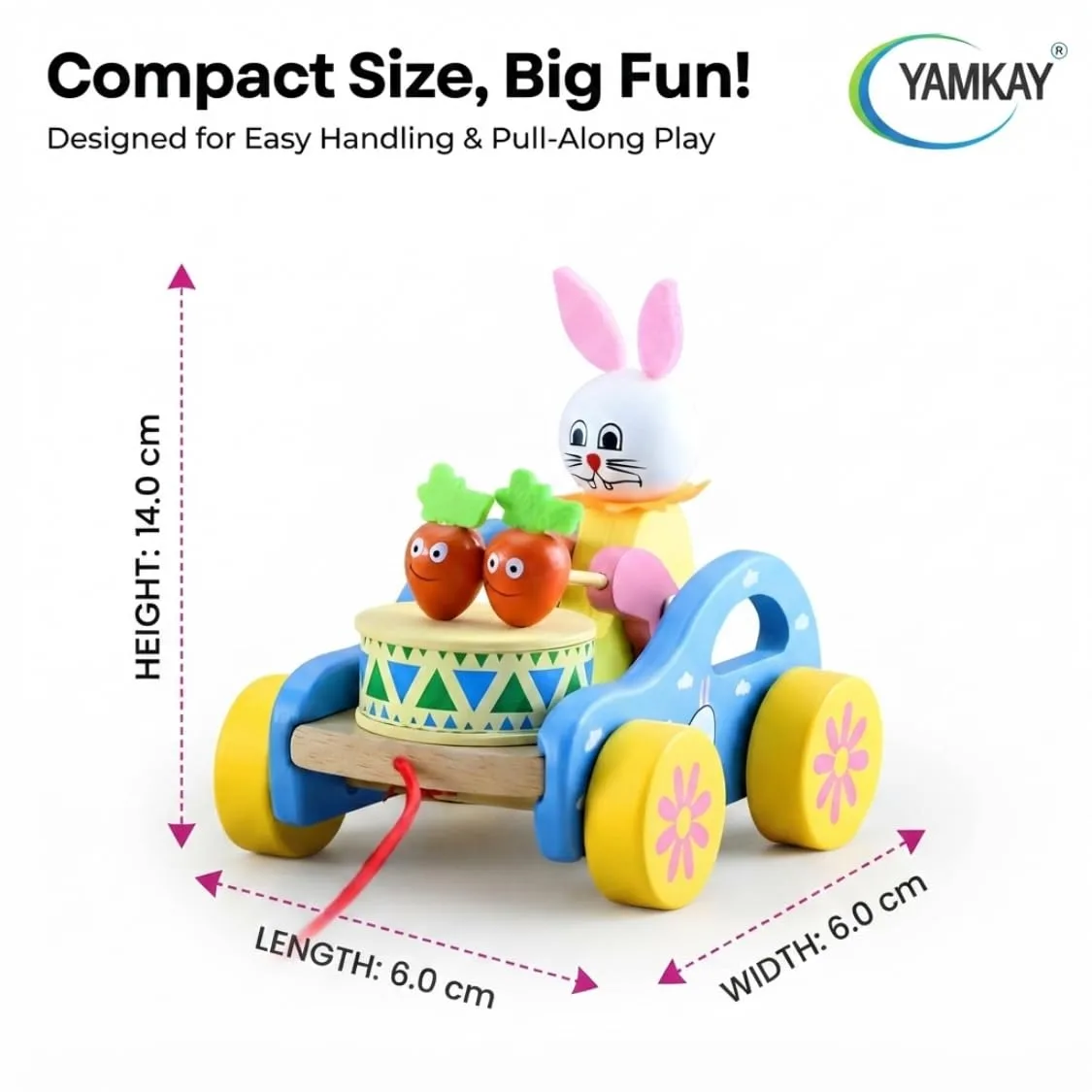 Wooden Rabbit Pull-Along Toy, Bunny Drumming Car, Funny Musical Toy for Toddlers & Kids, Early Walking Vehicle with Attached String, Multi-Color, Cute Wooden Baby Toy for Learning & Play