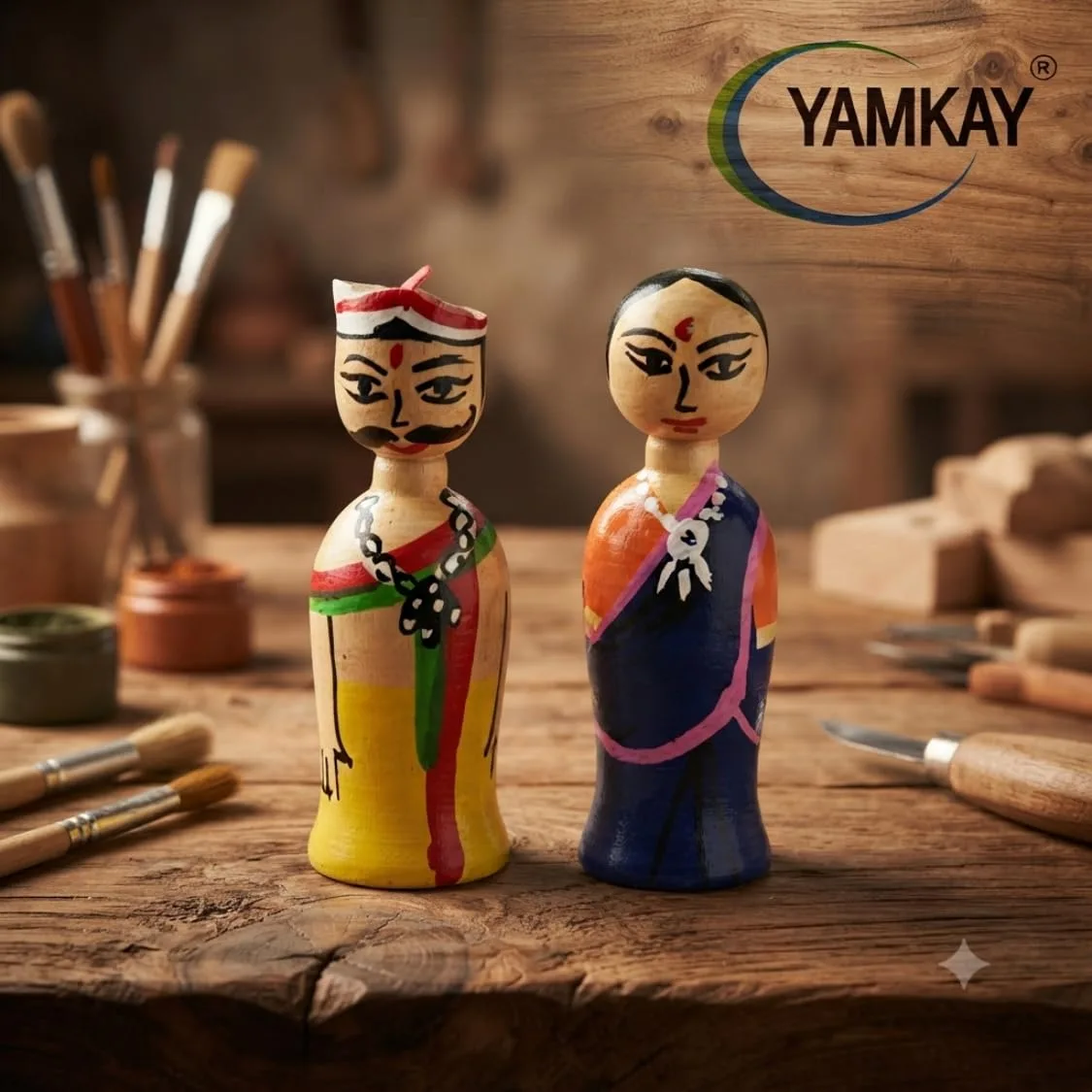 Handcrafted Channapatna Wooden Miniature Coorgi Couple Dolls | Traditional Indian Home Decor | Set of 1 | 6 CM | Unique Handcrafted Decorative Figurines | Perfect for Gifting or Home Decor