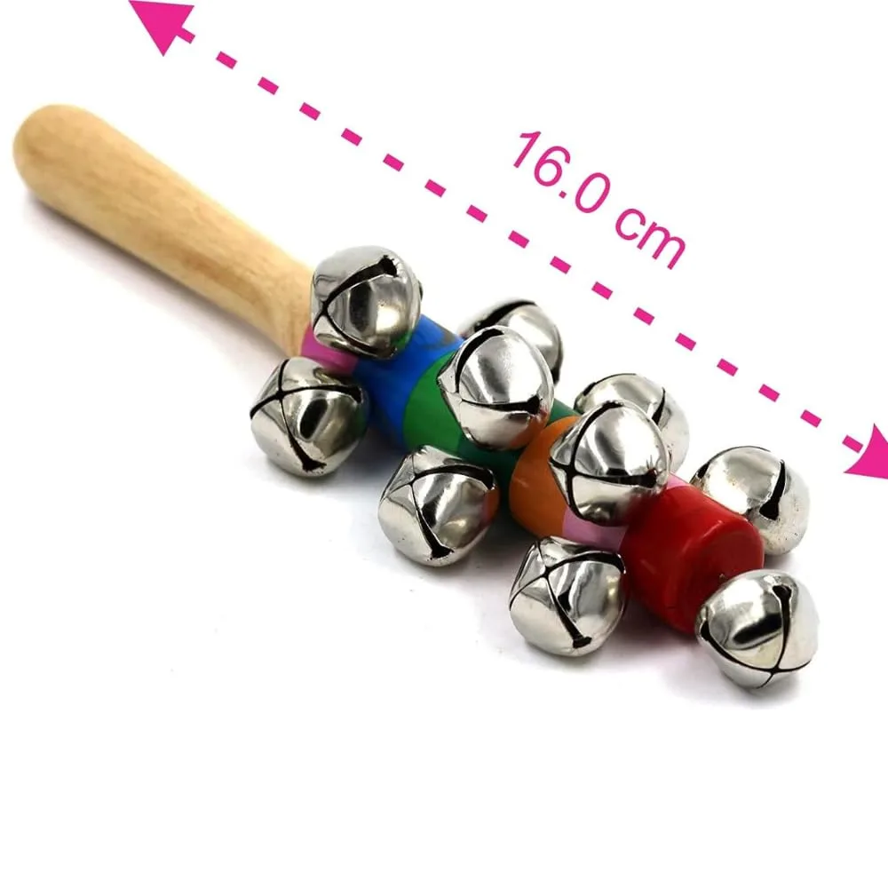 Wooden Rainbow Handle Jingle Bell Rattle Toy for Babies and Toddlers, Colorful Wooden Musical Rattle with Easy-Grip Handle, Gentle Jingle Sound, Handcrafted Sensory Activity Toy for Kids