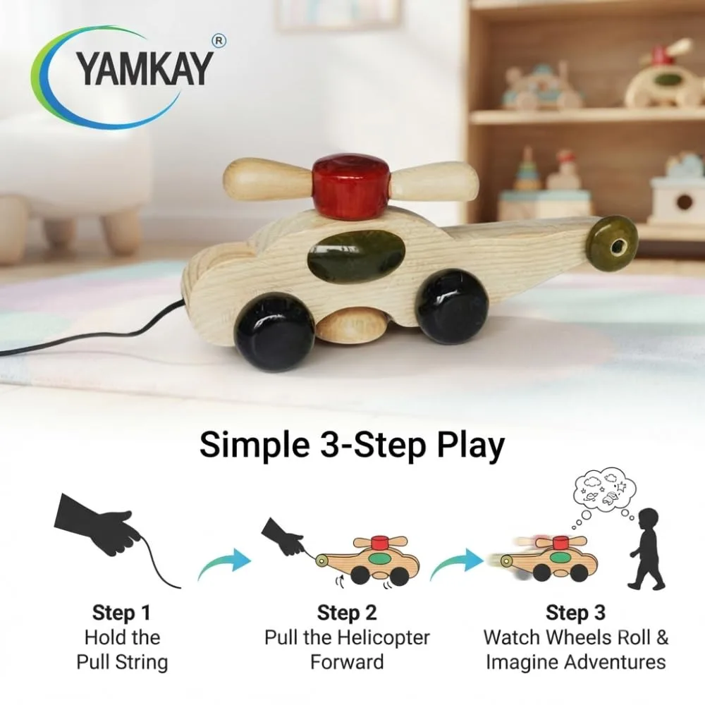 Wooden Beautiful Pull Along Helicopter Toy for Baby Boy & Girl Toddlers Child Safe Toy Pack Of 1 | 12 Months & Above Kids, Toddlers, Infant & Preschool Toys | Develop Fine Motor Skills For Kids