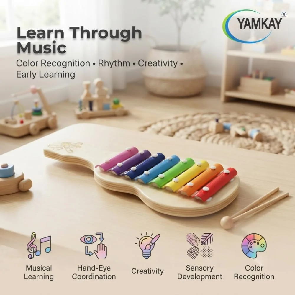 Wooden Guitar Xylophone Musical Toy for with 8 Note Sound Instrument with Metal Keys & Wooden Stick Pack of -1 Big Size