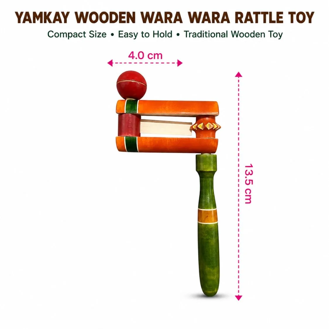 Wooden Wara Wara Rattle Toy for Babies and Toddlers | Traditional Handmade Wooden Shaker Toy with Gentle Sound | Safe Grip Sensory Activity Toy for Early Learning, Hand-Eye Coordination & Playtime