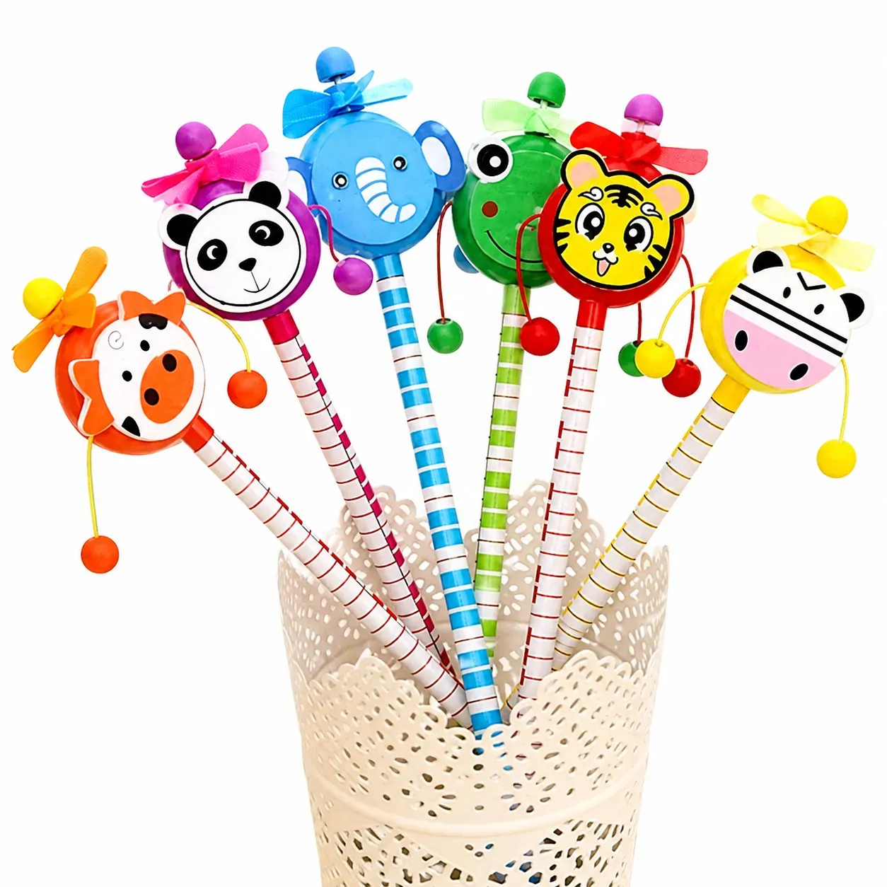 Wooden Cartoon Shape Animals Design Pencil Attached Rattle Pack of 3