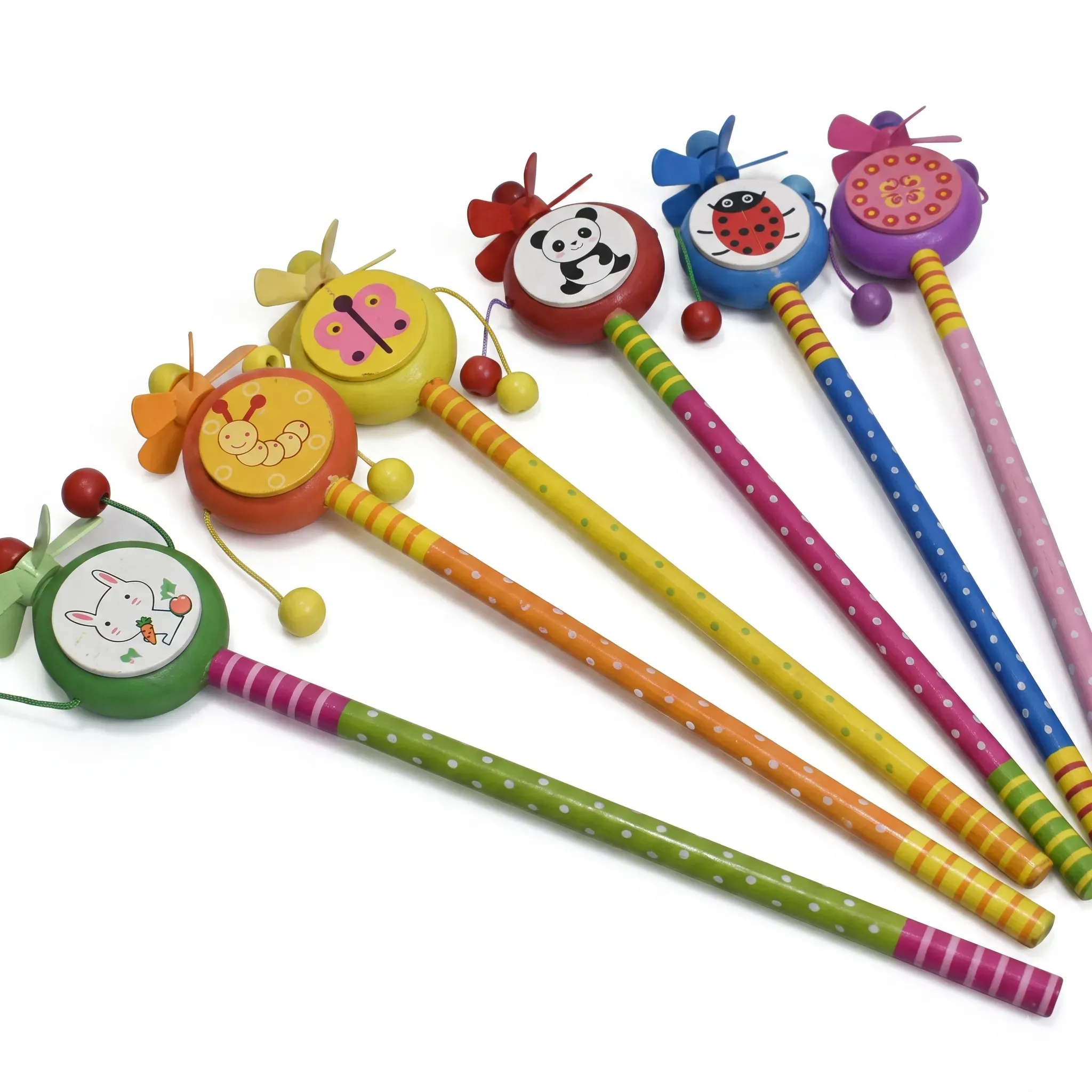 Wooden Cartoon Shape Animals Design Pencil Attached Rattle Pack of 3