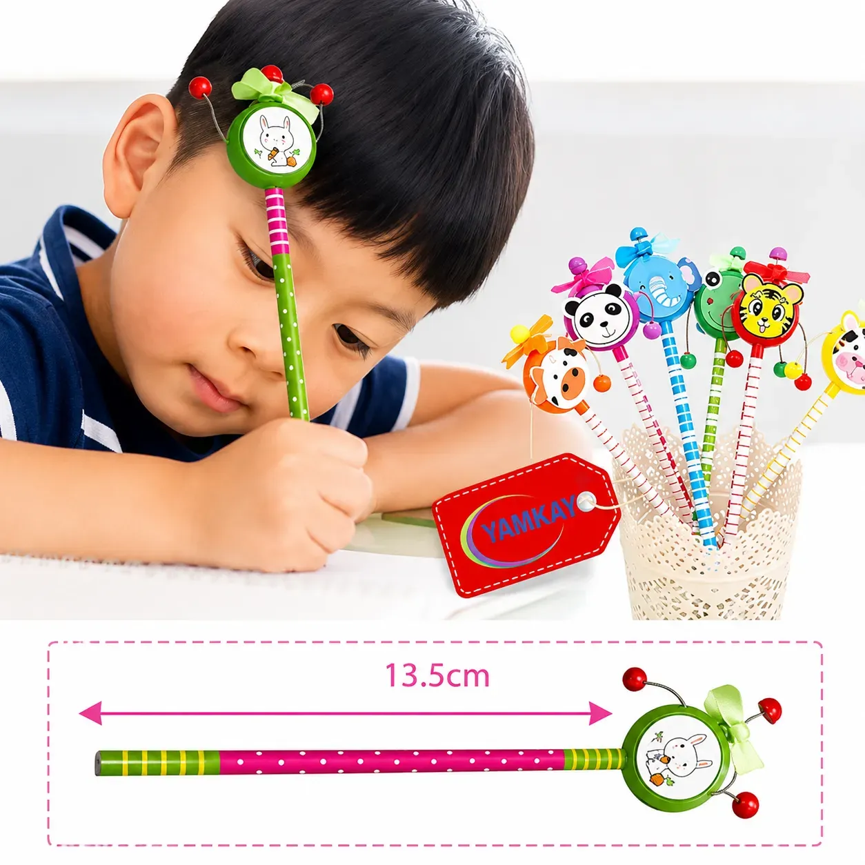 Wooden Cartoon Shape Animals Design Pencil Attached Rattle Pack of 3