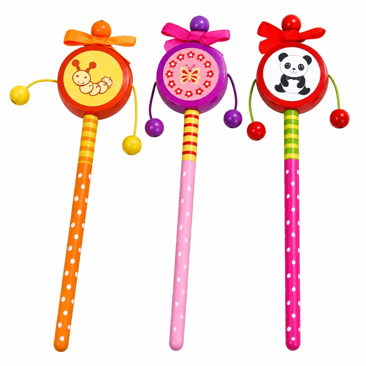 Wooden Cartoon Shape Animals Design Pencil Attached Rattle Pack of 3