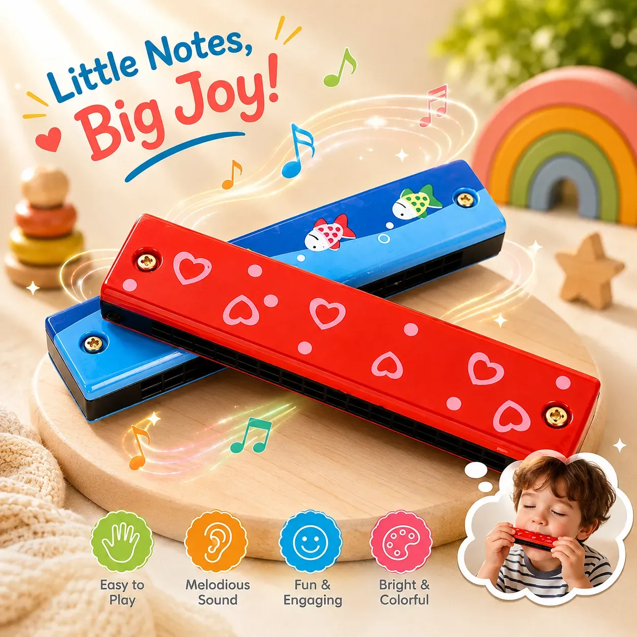 Wooden Harmonica Mouth Organ Musical Instrument for Kids Colorful Pack of 2