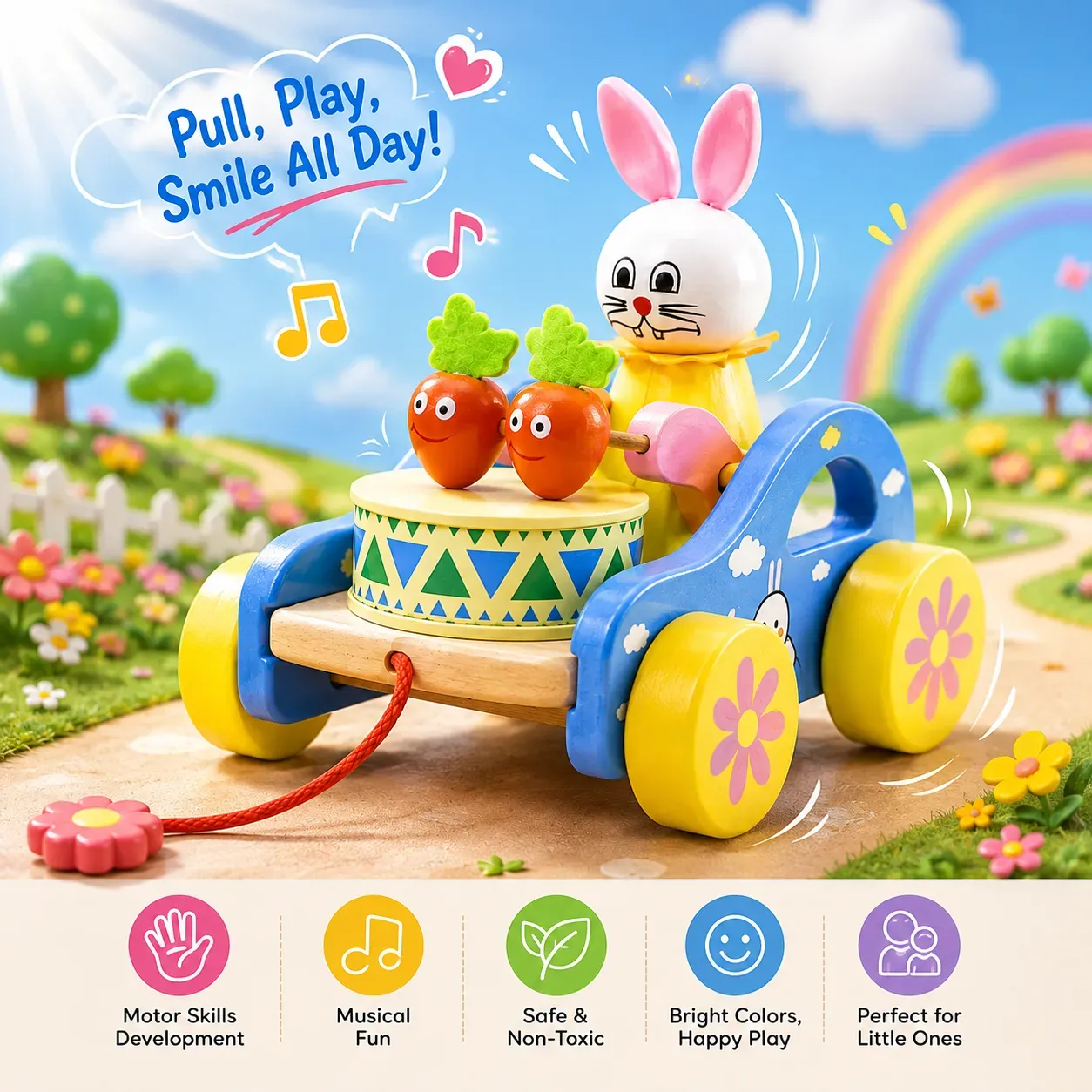 Bunny Pull Along Toy – Colorful Wooden Activity Toy for Kids