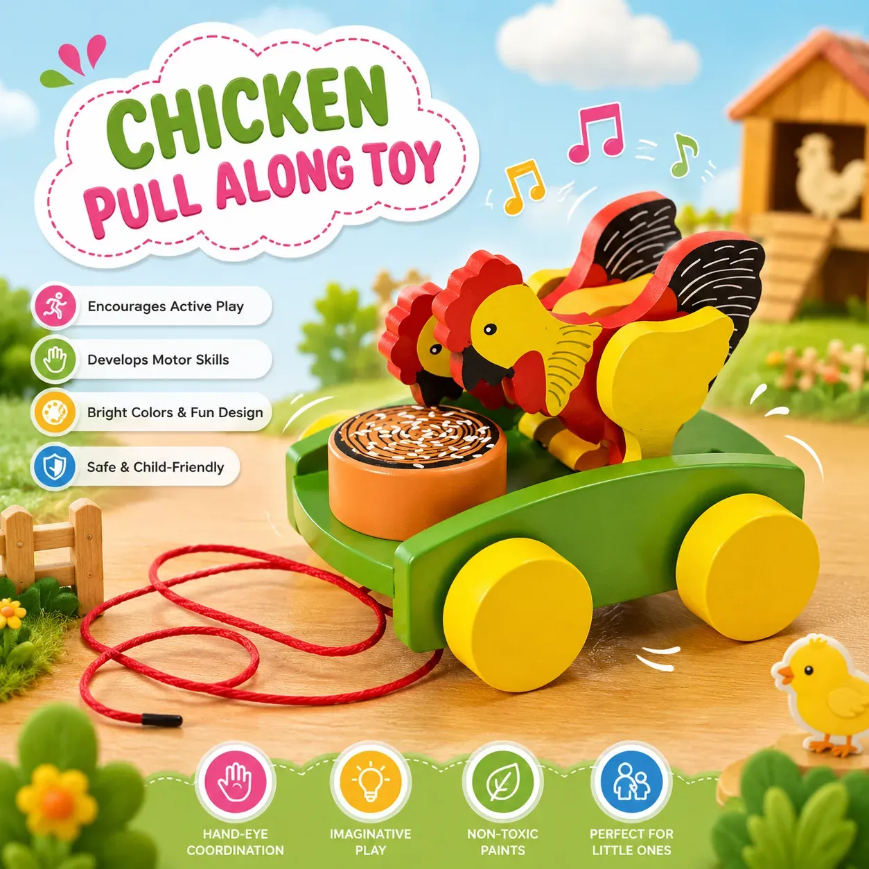 Chicken Pull Along Toy – Colorful Wooden Activity Toy for Kids