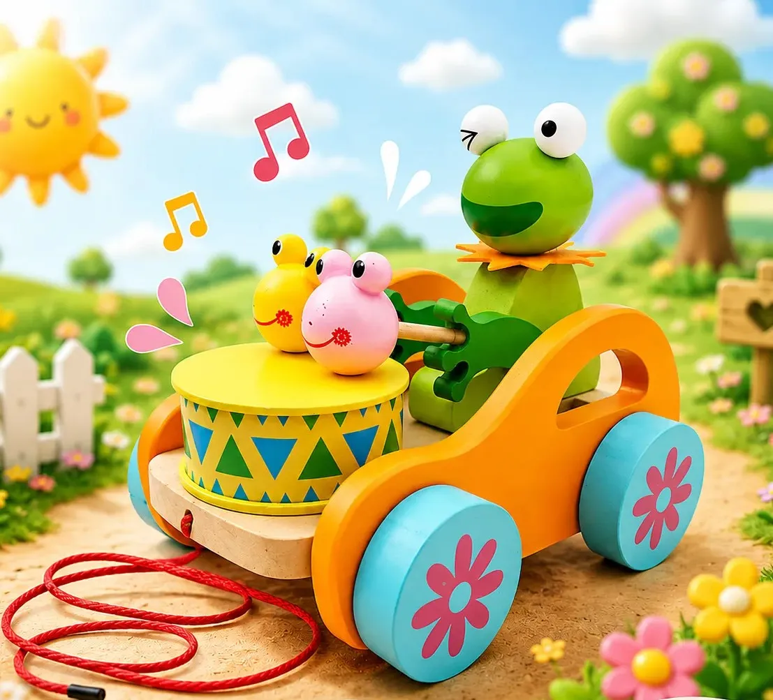 Frog Pull-Along Wooden Toy for Kids