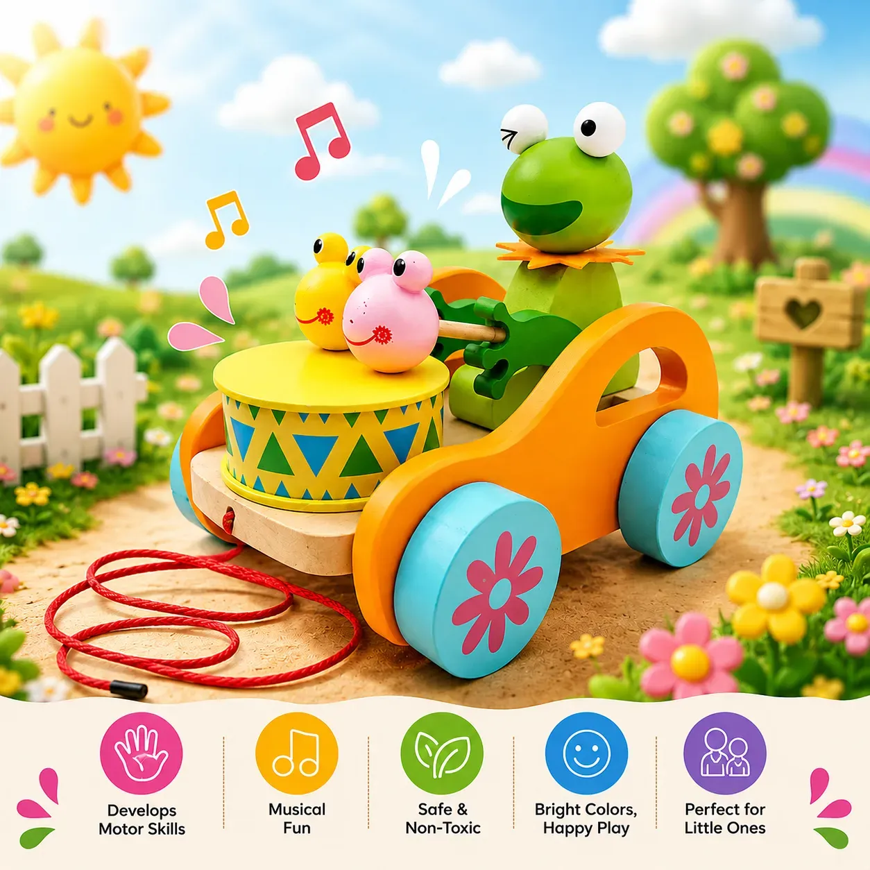Frog Pull-Along Wooden Toy for Kids