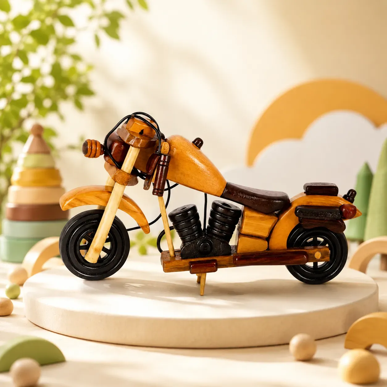 YAMKAY Wooden Royal Enfield Bike with Side Stand Handcrafted Decorative Model