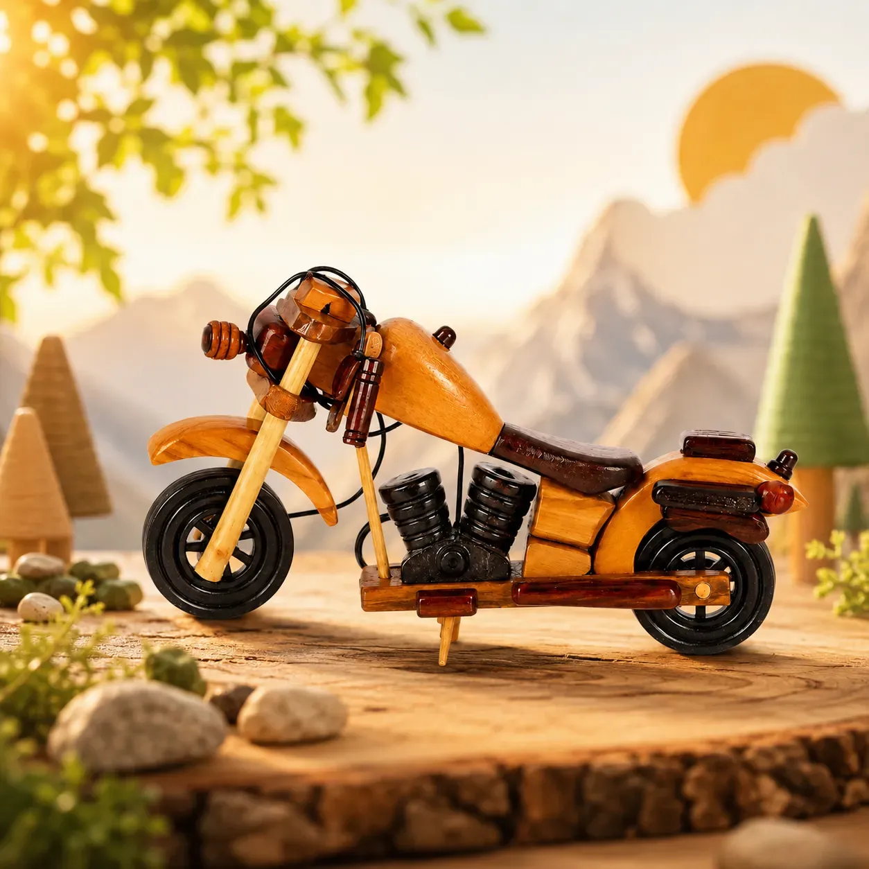 YAMKAY Wooden Royal Enfield Bike with Side Stand Handcrafted Decorative Model