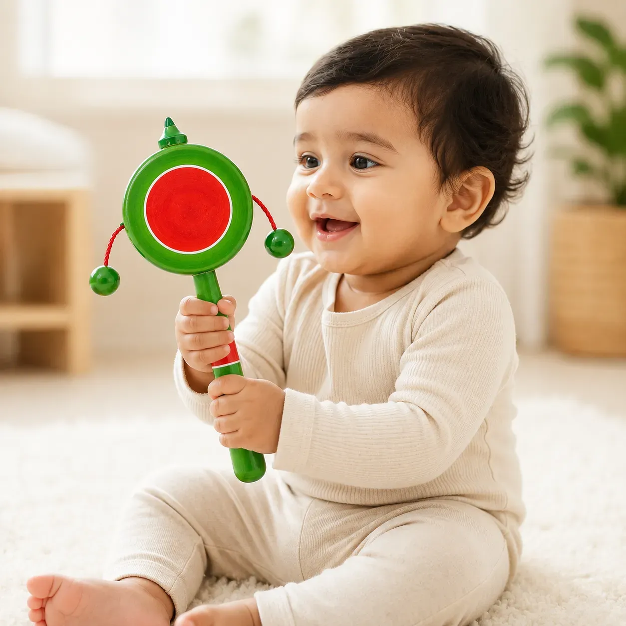 Plate Rattle, Wooden Rattle Hand Drum Kids Toy- Multicolor Pack of 1
