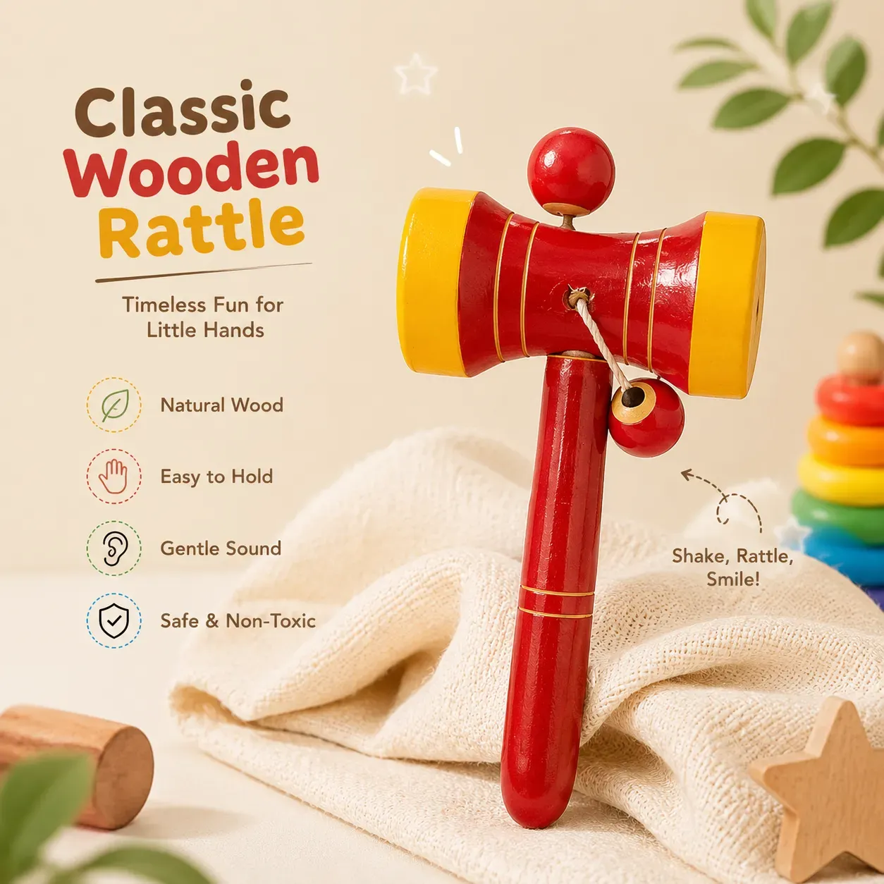 YAMKAY Wooden Jhunjhuna Damru Rattle Toy with Medium Sound for Kids