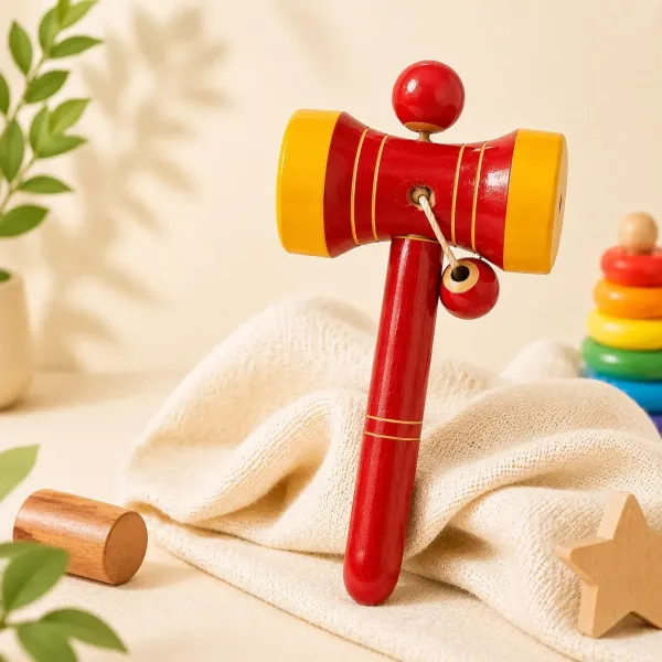 YAMKAY Wooden Jhunjhuna Damru Rattle Toy with Medium Sound for Kids