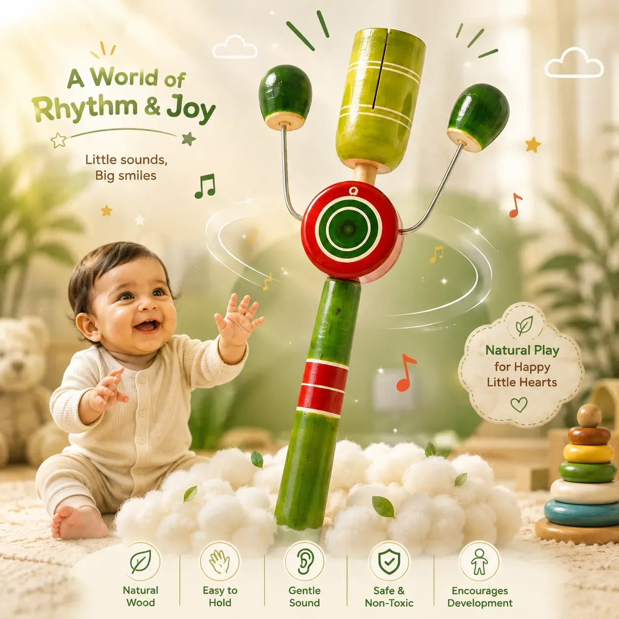 Tiktok Wooden Rattle – Traditional Musical Toy for Kids