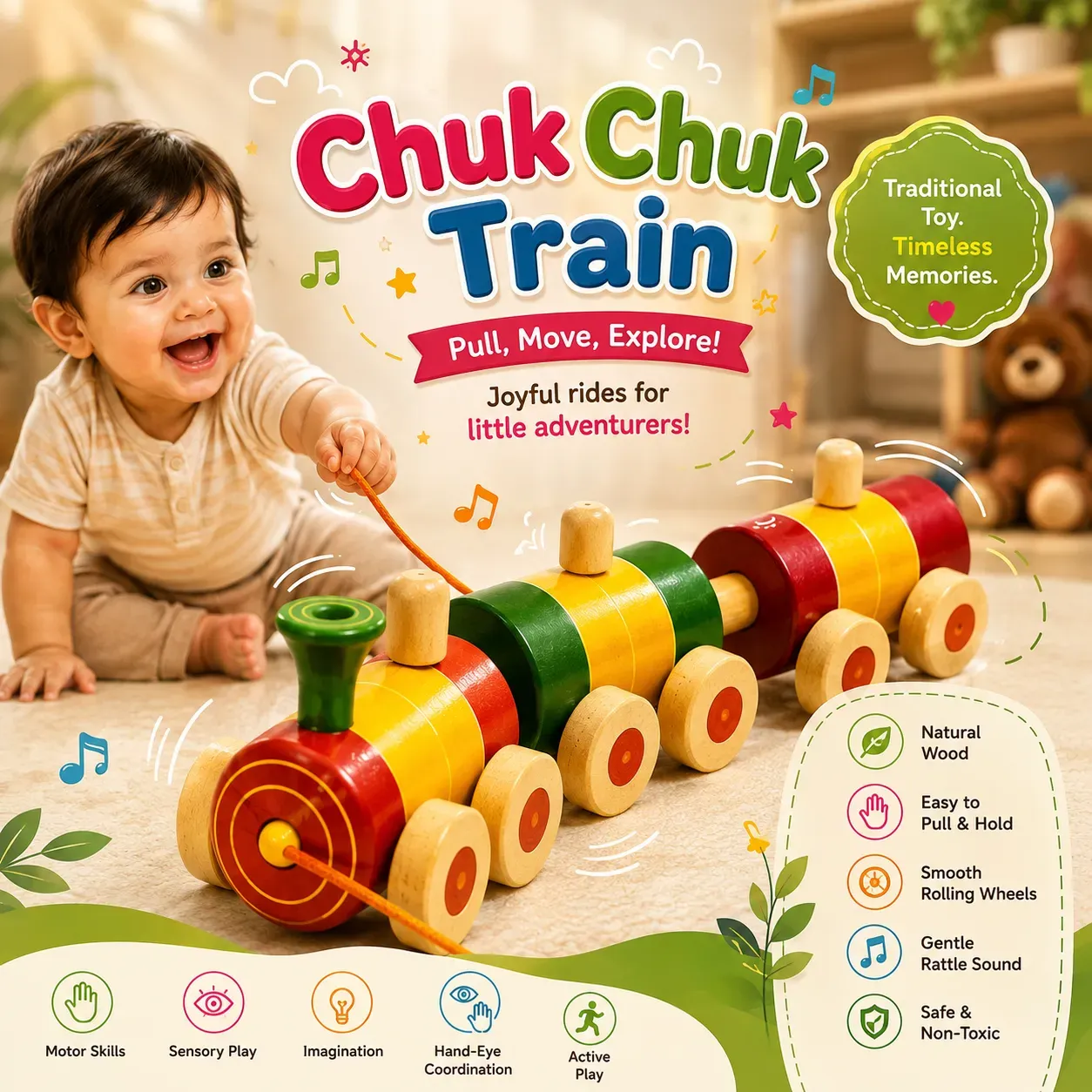 Chuk Chuk Train Channapatna Wooden Pull Along Toy for Kids- Handcrafted